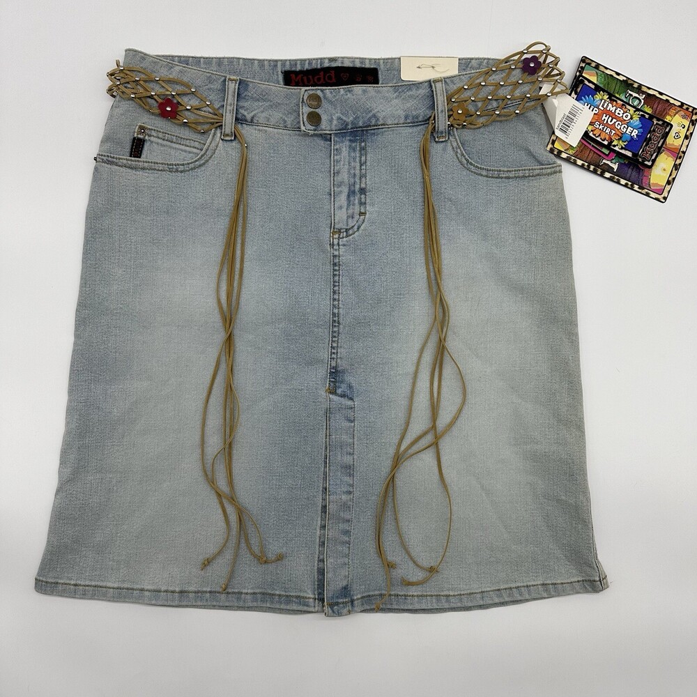 Vintage Y2K Mudd Limbo Hip Hugger Junior's Size 11 Braided Belted Denim Skirt